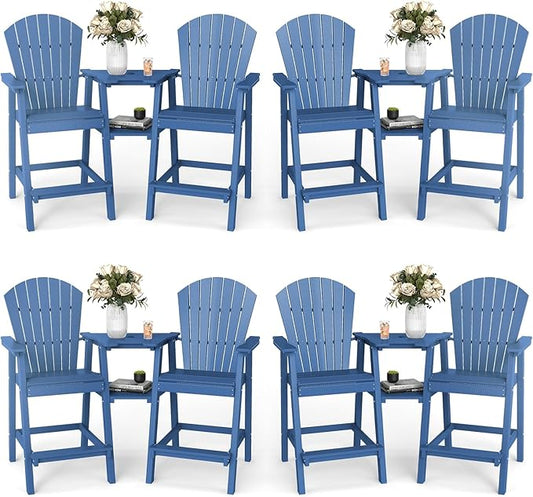 FOOWIN Tall Adirondack Chair Set of 8, All Weather HDPE Bar Height Adirondack Chair with Double Connecting Trays, Adirondack Barstools for Balcony, Deck, Backyard, Patio, Garden Navy Blue