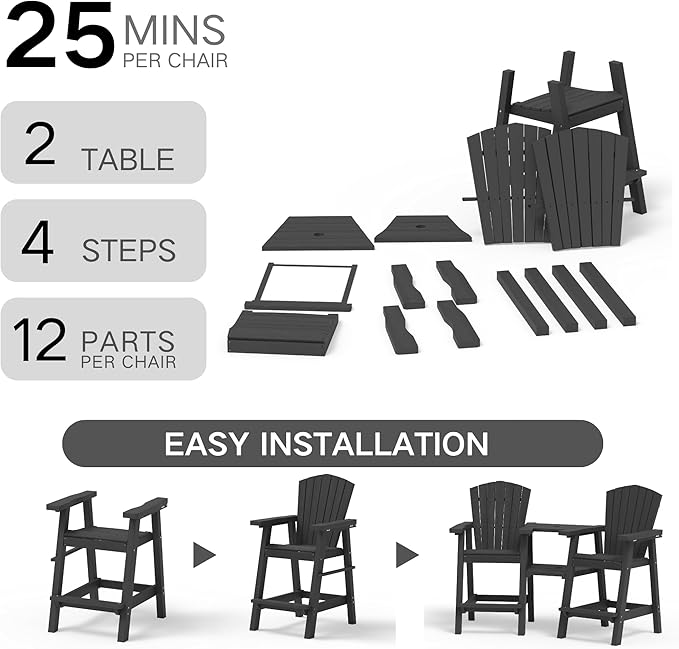Kingdura Upgraded Tall Adirondack Chairs Set of 2, Weather Resistant HDPE Bar Height Outdoor Stools with Removable Double Connecting Trays, Wooden Grain for Patio, Balcony, Deck (Black)