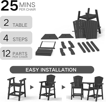 Kingdura Upgraded Tall Adirondack Chairs Set of 2, Weather Resistant HDPE Bar Height Outdoor Stools with Removable Double Connecting Trays, Wooden Grain for Patio, Balcony, Deck (Black)