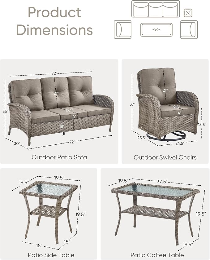 5 Pieces Wicker Patio Furniture Set-Outdoor Swivel Rocker Patio Chairs Patio Sofa Set with Tempered Glass Top Outdoor Coffee Table for Deck Lawn Porch Balcony Poolside-Grey/Grey
