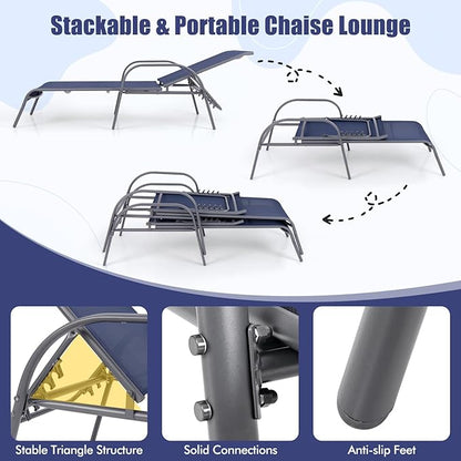 Tangkula Outdoor Lounge Chairs Set of 2, Patio Chaise Lounge with Adjustable Backrest, Reclining Pool Lounge Chairs for Outside with Heavy Duty Steel Frame for Beach, Yard, Balcony, Poolside (Navy)