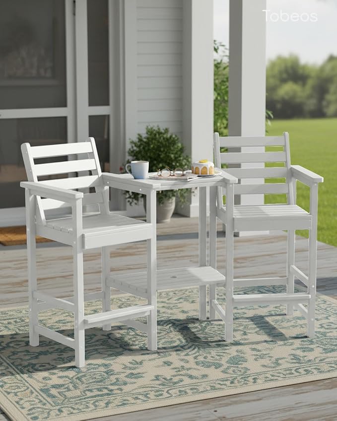 Tall Adirondack Chairs Set of 2, Bar Height HDPE Outdoor Chairs with Connecting Tray & Umbrella Hole, Balcony Patio Adirondack Chairs for Deck, Garden, Lawn (White)