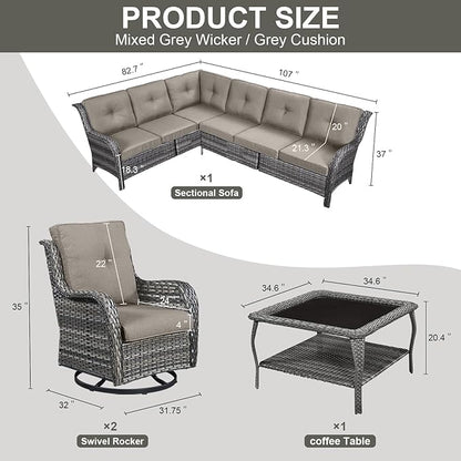 Belord Patio Furniture Set 6 Seats, Outdoor Swivel Rocker Patio Chairs, Oversized Outdoor Sectional Couch, Two 3-Seater Sofas with Coffee Table, Ideal for Porch, Deck, Gray Wicker/Gray