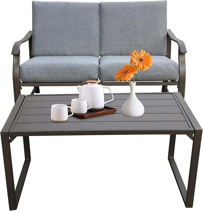 HomVent Outdoor Patio Furniture Love Seat and Coffee Table Set, Outdoor Bench Patio Loveseat Bench with Cushion and Metal Frame, Loveseat Furniture Set Sofa for Garden, Yard, Patio or Poolside (Gray)