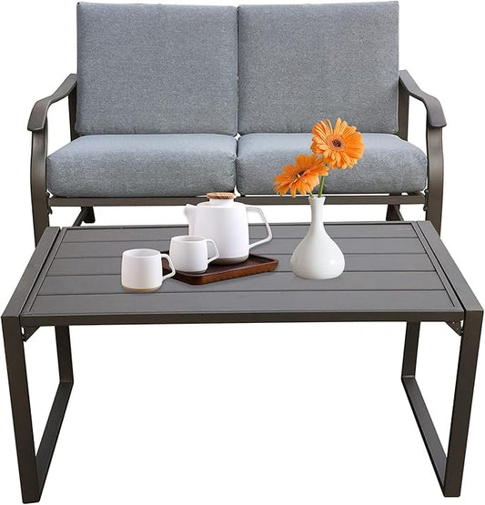 HomVent Outdoor Patio Furniture Love Seat and Coffee Table Set, Outdoor Bench Patio Loveseat Bench with Cushion and Metal Frame, Loveseat Furniture Set Sofa for Garden, Yard, Patio or Poolside (Gray)