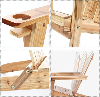 Folding Adirondack Chairs, Outdoor Wooden Lawn Chairs with Cup Holder, Patio Chair for Garden,Yard,Poolside,Backyard, 350lb Weight Capacity(Natural)