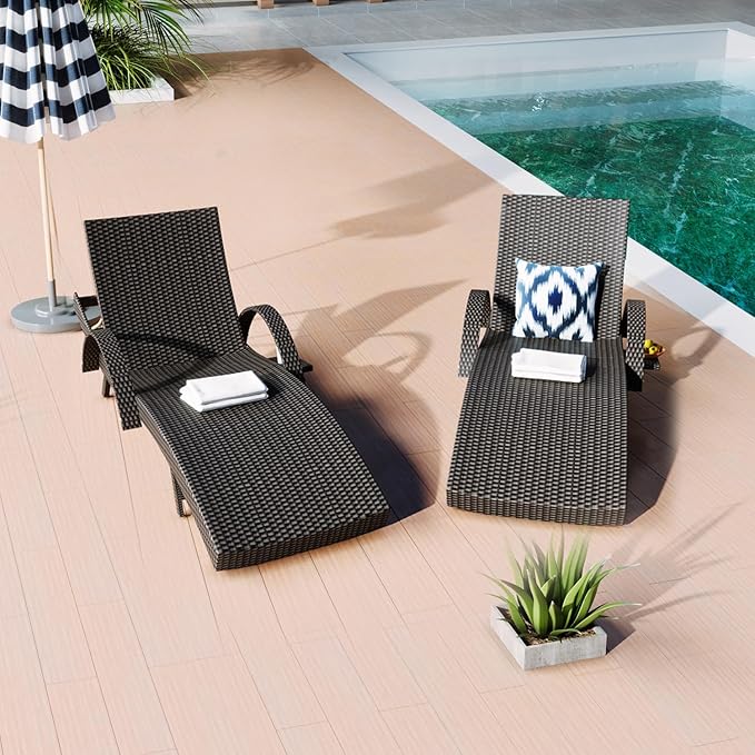 Yayzy 80'' Long Outdoor Wicker Chaise Lounge Chairs Set of 2, Patio Rattan Reclining Chair with Adjustable Backrest & Armrests, Durable PE Rattan Sunbathing Chairs for Pool, Garden, Backyard, Black