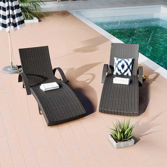 Yayzy 80'' Long Outdoor Wicker Chaise Lounge Chairs Set of 2, Patio Rattan Reclining Chair with Adjustable Backrest & Armrests, Durable PE Rattan Sunbathing Chairs for Pool, Garden, Backyard, Black