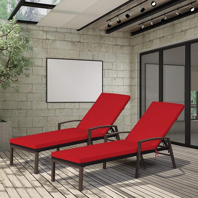 COSTWAY 2PCS Rattan Lounge Chair Outdoor, Patio Wicker Chaise Lounge with 5-Position Adjustable Backrest, Soft Cushion & Arm Rest, Pool Recliner Set of 2 for Poolside, Deck, Backyard (Red)