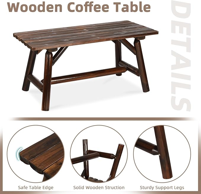 Patio Wooden Rocking Bench, Outdoor Conversation Sets with 2-Seater Adirondack Porch Rocker Loveseat and Coffee Table, Patio Rustic Log Rocker Bench for Deck, Backyard, Garden, Carbonized