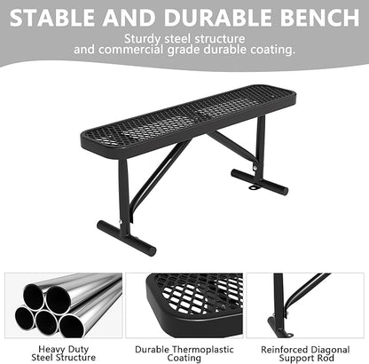 4 Ft Metal Park Benches for Outside, Outdoor Backless Bench with Thermoplastic Coating, Portable Frame, Commercial Expanded Metal Mesh Bench for Shopping Mall, Store, Park, Patio, Deck, Black