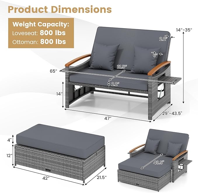 Tangkula Patio Rattan Daybed with 4-Level Adjustable Backrest, Outdoor Wicker Loveseat with Acacia Wood Armrest - Photo 4