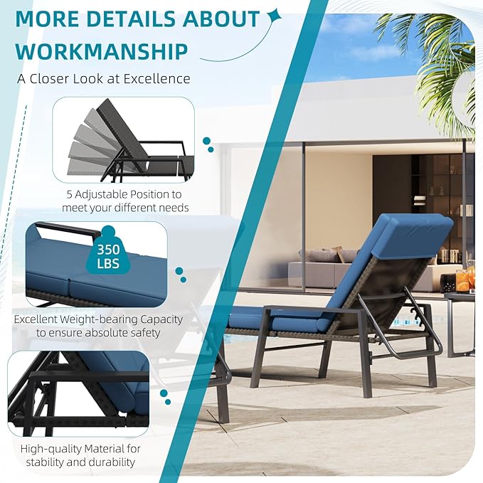 AECOJOY Lounge Chair Outdoor Set of 2, Adjustable Wicker PE Rattan Patio Chaise Chairs with Removable Cushion for Beach, Pool, Lawn, Black Rattan&Dark Blue Cuchion
