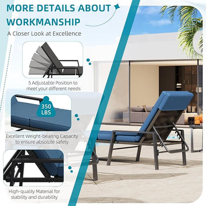 AECOJOY Lounge Chair Outdoor Set of 2, Adjustable Wicker PE Rattan Patio Chaise Chairs with Removable Cushion for Beach, Pool, Lawn, Black Rattan&Dark Blue Cuchion