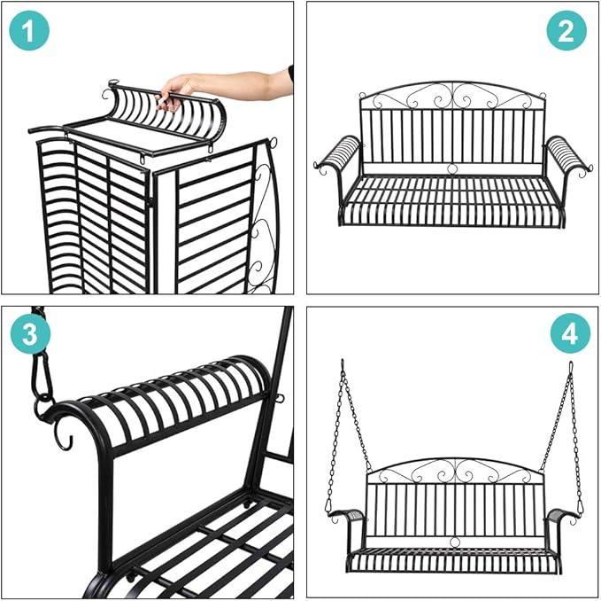 Porch Swing Hanging Bench Metal Porch Swing Outdoor Patio Furniture Iron Swing Chair Heavy Duty Steel Black Porch Swing Hanging Chair Porch Swings for Garden, Yard, Deck, Backyard(Not Included Stand)
