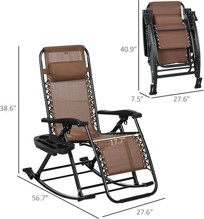 Outsunny Set of 2 Outdoor Rocking Chairs, Foldable Reclining Zero Gravity Lounge Rocker with Pillow, Cup & Phone Holder, Combo Design with Folding Legs, Brown