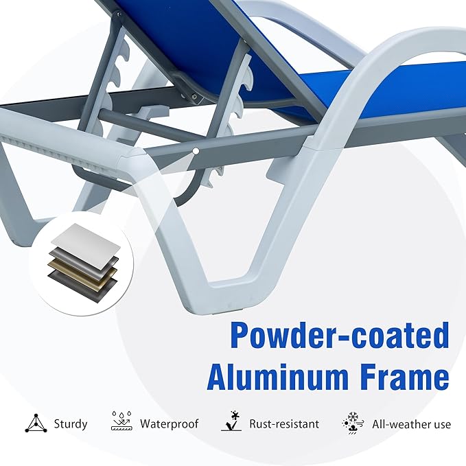 Domi Outdoor Lounge Chair, Aluminum Patio Chaise Lounge with 5 Position Adjustable Backrest and Wheels, All Weather Reclining Chair with Armrest and Side Table for Patio, Yard,Balcony,Poolside (Blue)