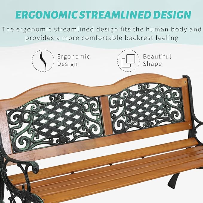 JOYBASE 50" Outdoor Patio Bench, Wood and Iron Garden Bench for Park Porch Outside Yard (Black&Natural)