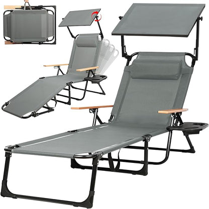 Outdoor Chaise Lounge Chair with 4-Position Adjustable Backrest,Patio Folding Sun Tanning Chair,Pillow & Cup Holder,Portable Recliner Sunbathing Lounger Chairs for Beach Garden (Grey with Shade)