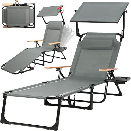 Outdoor Chaise Lounge Chair with 4-Position Adjustable Backrest,Patio Folding Sun Tanning Chair,Pillow & Cup Holder,Portable Recliner Sunbathing Lounger Chairs for Beach Garden (Grey with Shade)