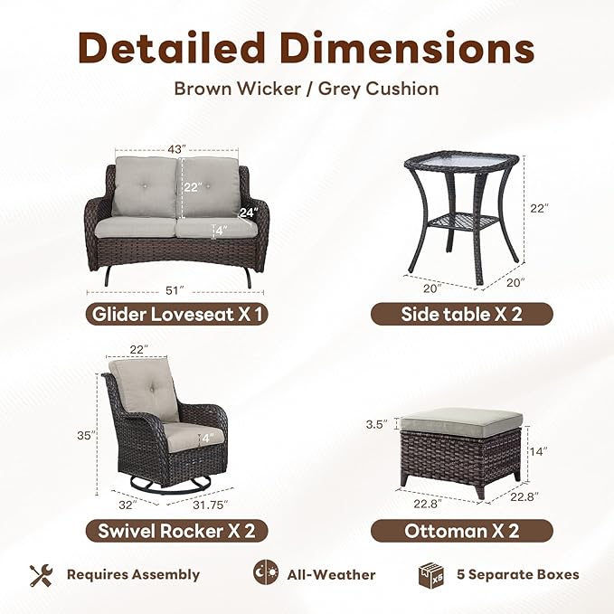 Belord 7 Piece Wicker Patio Furniture Set, Outdoor Swivel Rocker Chairs Set of 2 with Ottomans and Loveseat - Photo 2