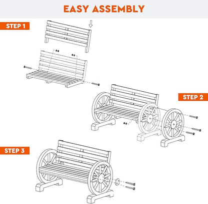 Wagon Wheel Bench, Wooden Outdoor Bench 2-Person Seat, Rustic Patio Benches with Backrest for Porch, Garden Brown 19.7inchD x 41.3inchW x 30.3inchH