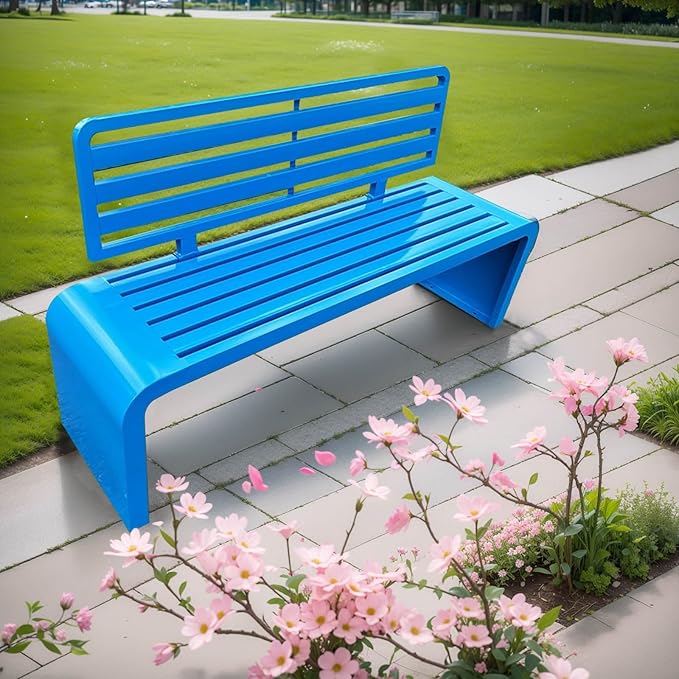 Outdoor Metal Garden Bench,Weather Proof Porch Path Chair,with Backrest,park Benches，Patio Seating For 2-3 Person,Slatted Seat, Patio Yard Bench For Poolside,Balcony,Entryway,blue(L47"x W15" x H32")