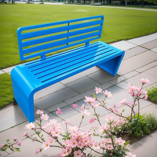 Outdoor Metal Garden Bench,Weather Proof Porch Path Chair,with Backrest,park Benches，Patio Seating For 2-3 Person,Slatted Seat, Patio Yard Bench For Poolside,Balcony,Entryway,blue(L39" x W15" x H32")