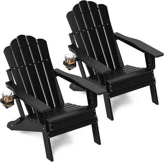 FOOWIN Adirondack Chair Set of 2, Folding HDPE Patio Chairs with Cup Holder, 400LBS Heavy Duty Outdoor Chairs for Fire Pit, Porch, Deck, Garden, Weather Resistant, Black