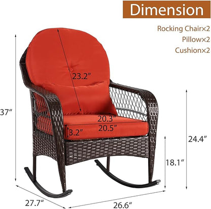 Outdoor Wicker Rocking Chair, 2 Piece PE Rattan Rocker Set with Cushion & Pillow, Outdoor Rocking Furniture for Garden, Porch, Backyard, Poolside (Brown Rattan+ Orange Cushion)