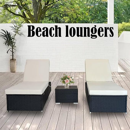 3 Piece Lounge Chair Outdoor, PE Wicker Rattan Chaise Lounge Chair with 5 Position Adjustable Backrest, Pool Lounge Chairs Set of 2 with Side Table for Patio, Poolside, Beach（White）