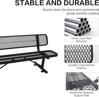 8 Ft Metal Park Bench for Outside, All-Weather Thermoplastic Coating Outdoor Bench with Backrest, Commercial Heavy Duty Benches for Shopping Malls, Stores, Parks, Patios, Decks, Black