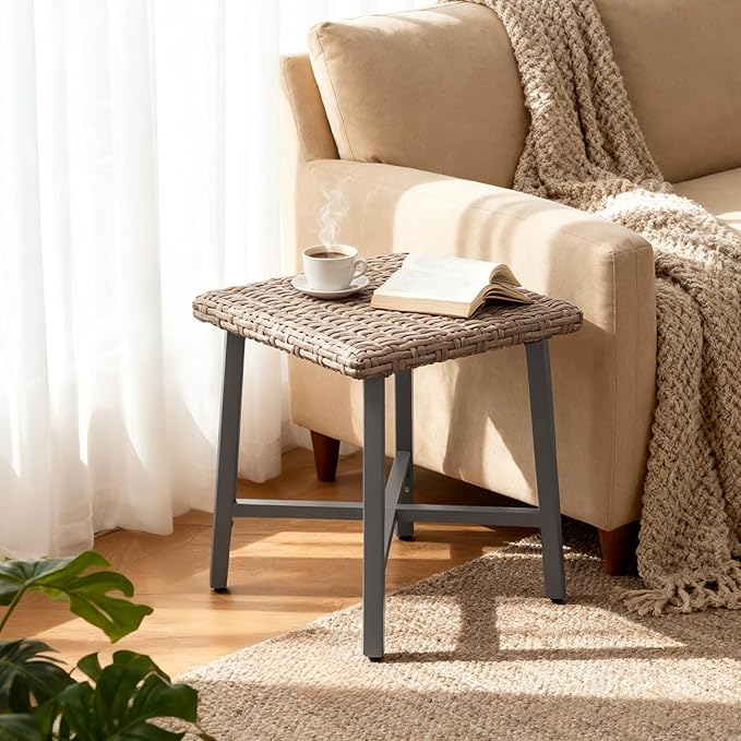 Outdoor Wicker Side Table Small Square Patio Rattan Table Adopt Sturdy Galvanized Steel Frame Powder-Coated Legs