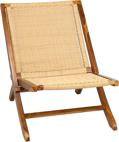 TeakCraft Teak Rattan Lounge Chair – Foldable, Handcrafted Solid Wood Accent Chair with Woven Seat – Mid-Century Modern Recliner for Indoor & Outdoor Use, The Ediz