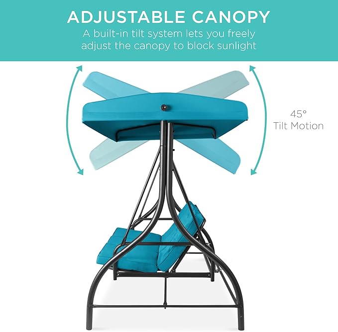 Best Choice Products 3-Seat Outdoor Large Converting Canopy Swing Glider, Patio Hammock Lounge Chair for Porch, Backyard w/Flatbed, Adjustable Shade, Removable Cushions - Sky Blue
