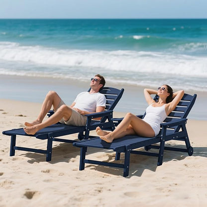 Plawdlik Oversized Patio Chaise Lounge Set of 2, 5 Positions Adjustable HDPE Outdoor Lounge Chair with Rolling Wheels & Cup Holder,All-Weather for Poolside, Beach, Garden - Navy Blue