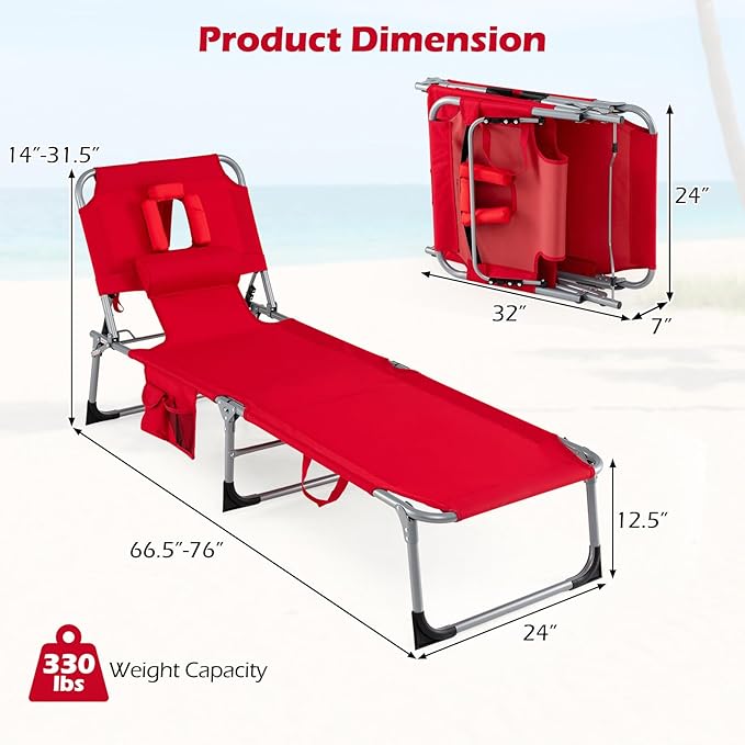 COSTWAY Tanning Chair with Face Hole, Folding Beach Lounge Chair with 4-Position Adjustable Backrest, Pillow & Side Pocket, Foldable Chaise Lounge Chair Outdoor for Sunbathing, Camping (1, Red)
