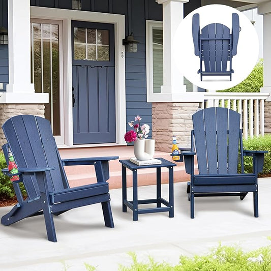 Skypatio 3 Pieces Folding Adirondack Chairs Set, Weather Resistant Adirondack Chairs Set of 2 with Cup Holder, 1 Side Table, 380 lbs Weight Capacity Portable Patio Fire Pit Chairs (Navy Blue)