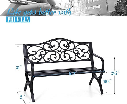 PHI VILLA 50" Patio Park Garden Outdoor Metal Black Bench for Yard Porch