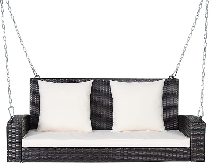 RELAX4LIFE Porch Swing 2-Seat Patio Rattan, Wicker Porch Swings Outdoor W/Two 7.9 Ft Solid Steel Chain - Photo 1