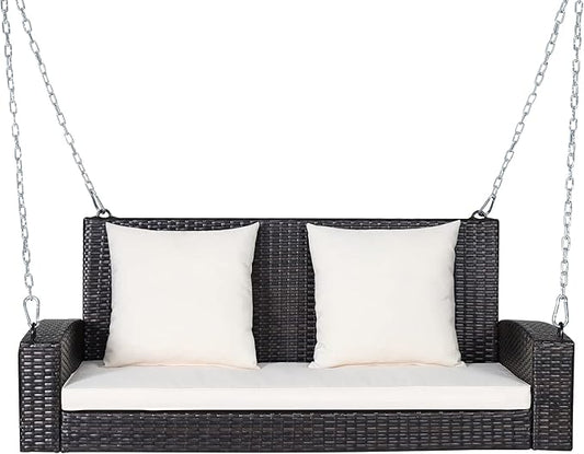 RELAX4LIFE Porch Swing 2-Seat Patio Rattan, Wicker Porch Swings Outdoor W/Two 7.9 Ft Solid Steel Chain, Comfortable Back & Seat Cushions, for Front Porch, Garden, Backyard Patio Swing (Beige)