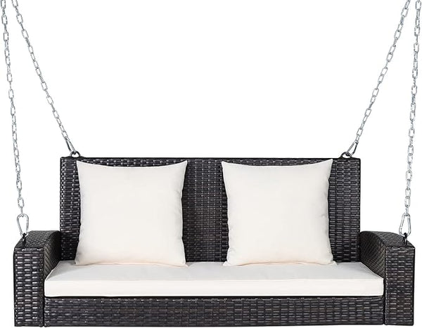 RELAX4LIFE Porch Swing 2-Seat Patio Rattan, Wicker Porch Swings Outdoor W/Two 7.9 Ft Solid Steel Chain - Photo 1