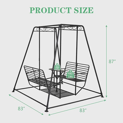 Kinfant 4-Seat Outdoor Patio Swing Chair with Stand, Heavy Duty 880 LBS Weight Capacity Metal Swing Bench with Table, 87”Height Porch Swings Set for Patio Garden Backyard, Steel
