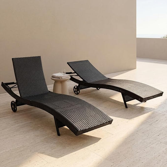 Set of 2 Black Outdoor Chaise Lounge Chairs, Wicker Patio Lounge Chairs with Adjustable Backrest and Wheels, Durable PE Rattan Pool Chair for Patio, Poolside and Garden