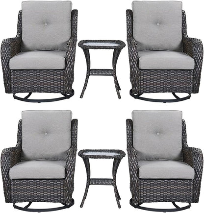Rilyson Wicker Rocking Chair Swivel Chairs – 6 Piece Rocker Patio Furniture Set Rattan Rocking Bistro Sets with Glass Top Side Table for Outdoor Porch Deck Garden Backyard(Brown/Grey)