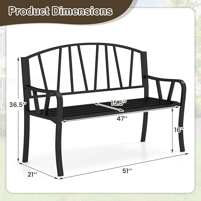 Tangkula 51” Metal Outdoor Garden Bench, Patio Slatted Park Bench for 2-3 People, Park-Style Loveseat with Curved Armrests, Heavy-Duty Outdoor Seating for Backyard, Lawn, Porch