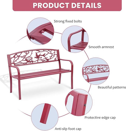 Perched Birds Metal Park Patio Bench, Outdoor Bench in Red for Porch, Lawn, Garden, Deck by Sun-Ray