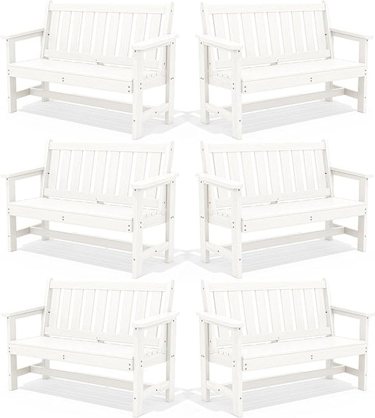 SERWALL Outdoor Bench, HDPE Outdoor Benches Weatherproof, 2-Person Garden Bench with 660 lbs Weight Capacity, Patio Benches for Outdoors, Garden, Porch, Backyard and Park, White, 6 Pack