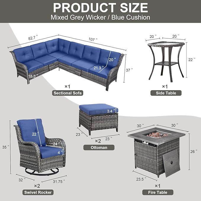 Belord Patio Furniture Set with Fire Pit Table, 8 Piece Wicker Outdoor Furniture Set - Photo 2