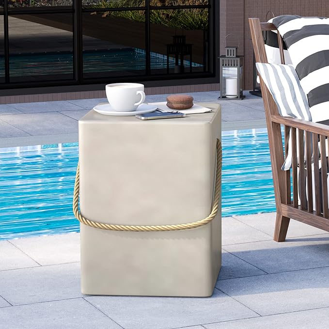 HOMPUS Outdoor Side Table w Hemp Rope Handle, Patio MgO Concrete Natural End Table, Square Accent Small Coffee Table for Garden, Patio, Porch and Deck, Light Grey